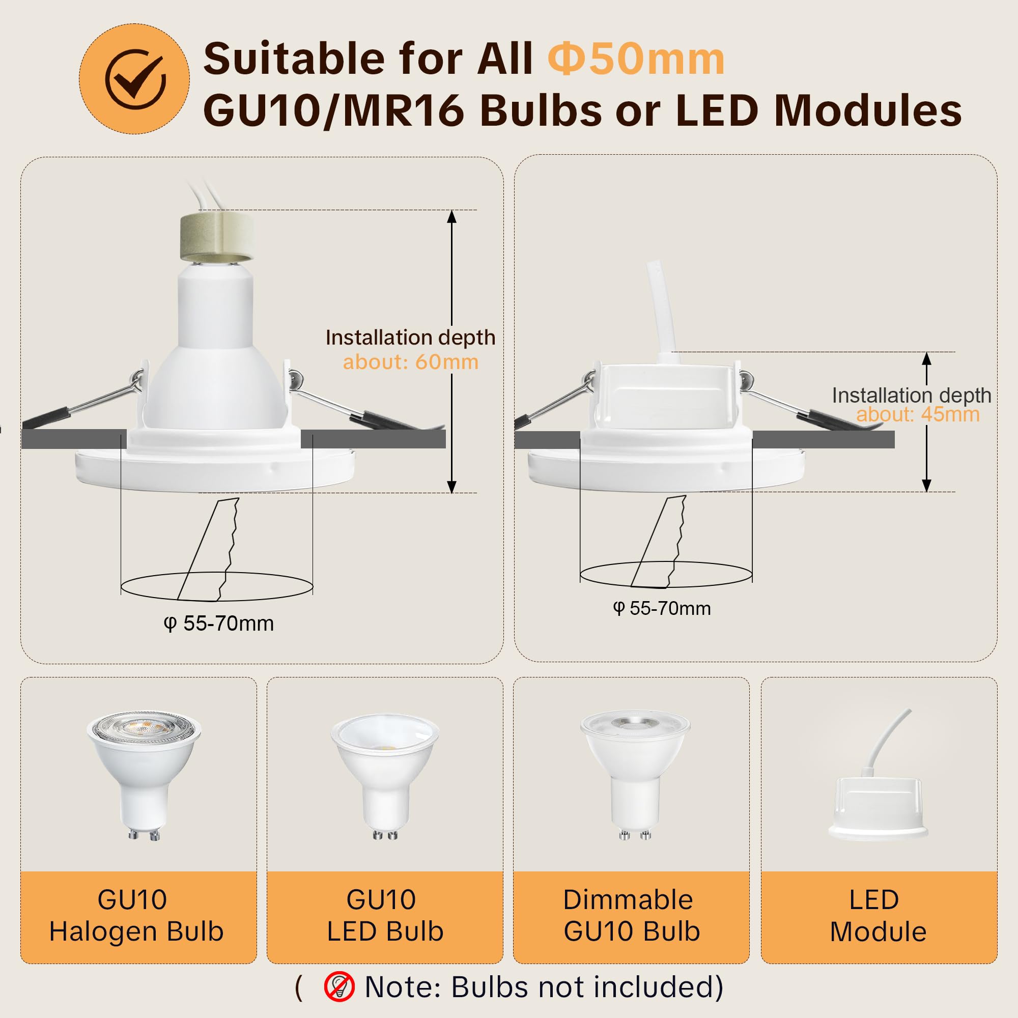 10 x Marco Foco Empotrable GU10 IP65, Apertura 55-70mm Marco Ojos de Buey LED para Techo Incl. Portalámparas GU10, Redondo Downlight LED Techo Empotrable, Blanco