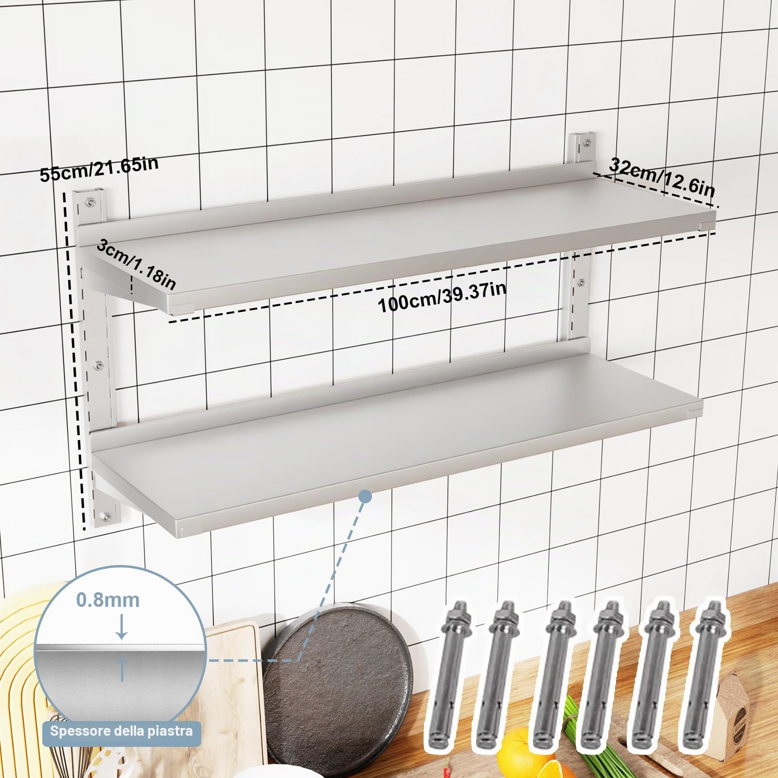 TAIMIKO - Scaffale da parete in acciaio inox a 2 ripiani per ristorante, bar, casa, cucina, lavanderia e garage (100 cm x 32 cm)