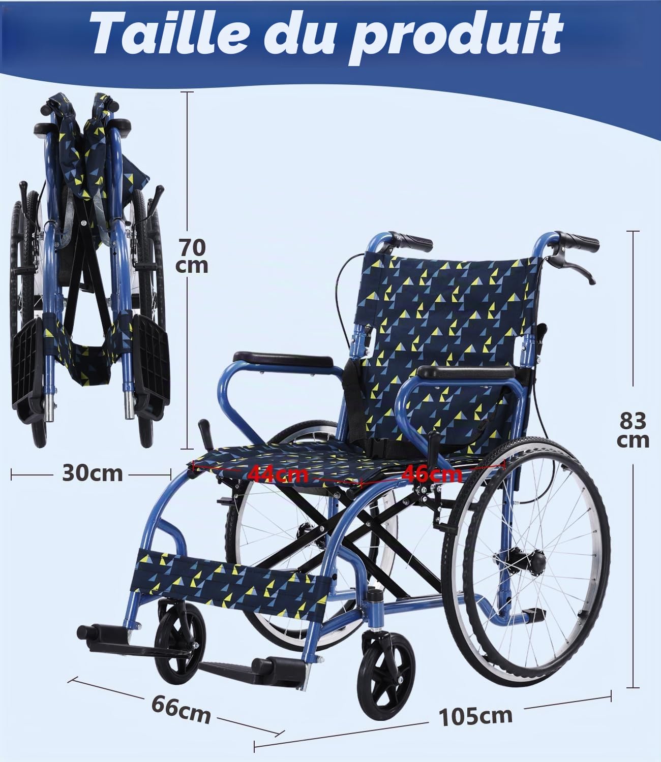 Fauteuil roulant pliable, léger, jusqu'à 120 kg, double frein, 12,5 kg, auto-propulsion, personnes âgées, roue arrière 50 cm anti-crevaison