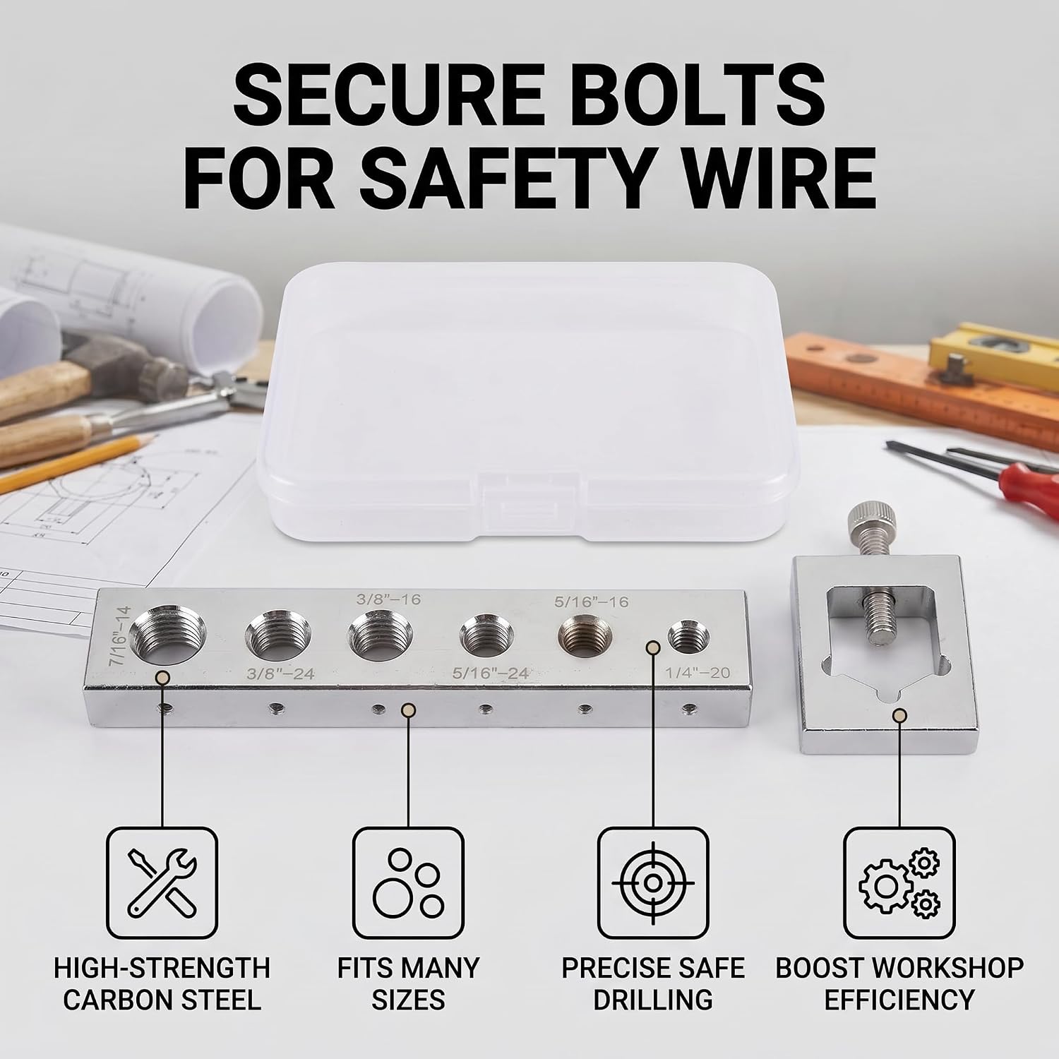 Safety Wire Drill Set, Carbon Steel Wire Lock Nut Drill Jig, Lockwire Nut & Bolt Drill Jig Tool, Wire Lock Nut and SAE Bolt Drill Jig for Maintenance