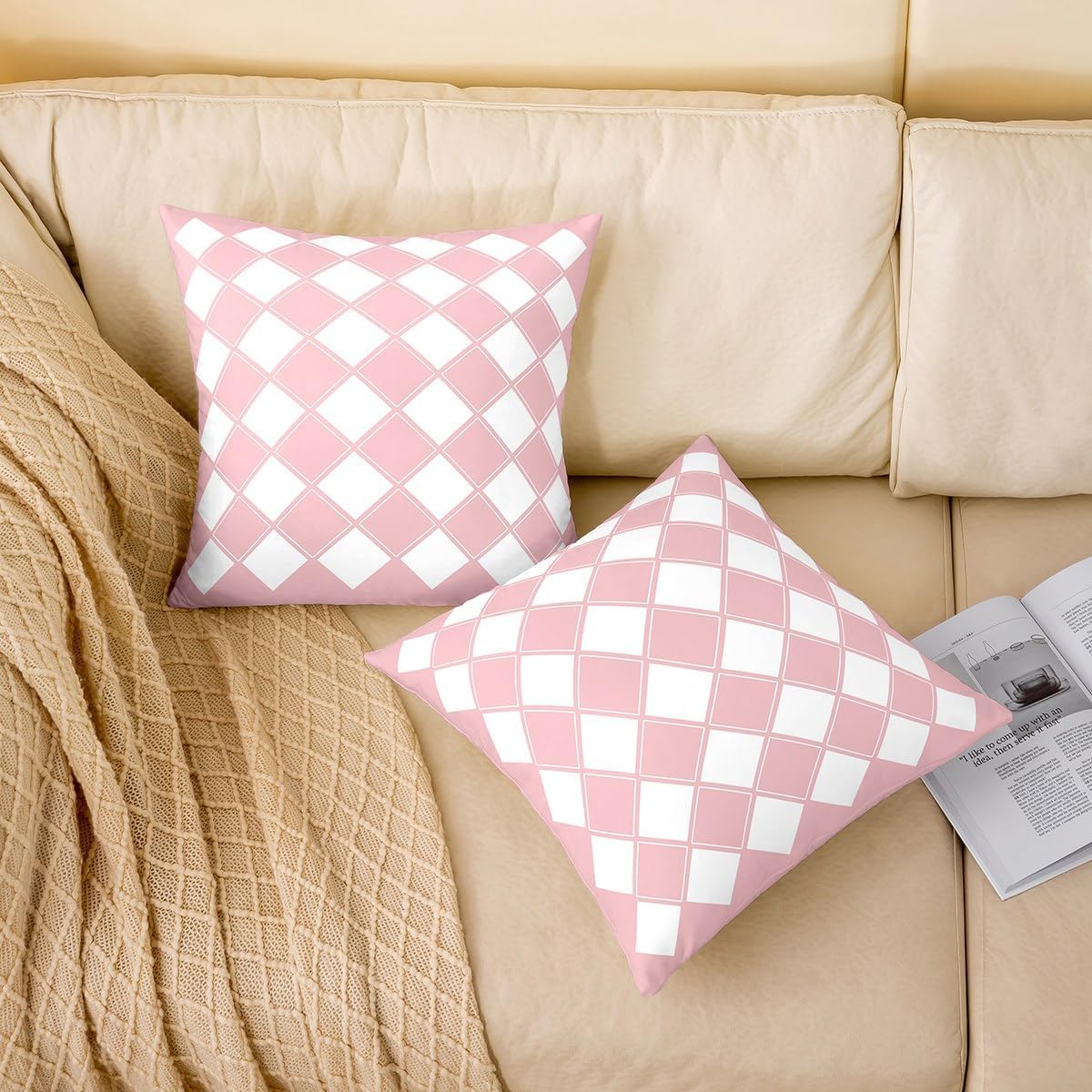 Erosebridal Pink and White Throw Pillow Covers 24x24 Set of 2 Geometric Checkered Pillow Covers Aesthetic Diamond Cushion Cover Modern Fashion Pillow Cases for Couch Sofa