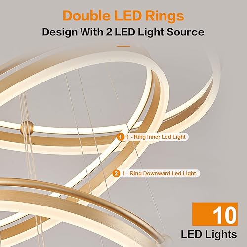 Miniatura 2 de Candelabro LED moderno de 10 anillos, dorado, D31.5, grande, regulable, iluminación colgante con control remoto, lámparas de techo alto para