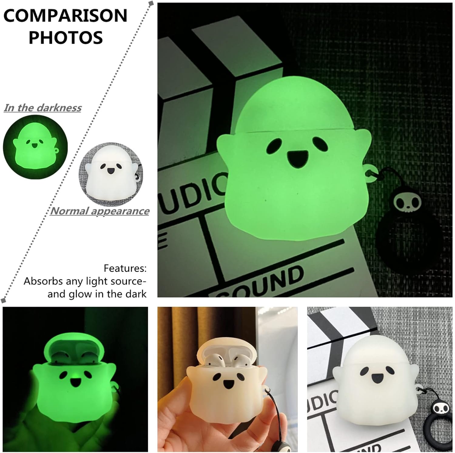 Compatible with AirPods 2/1 Case Cover, [Glow in The Dark] Cute Ghost Case for Airpods 2nd & 1st, Soft Silicone Anime Funny Case for Apple AirPods 2/1 for Women Men Kids Girls Boys
