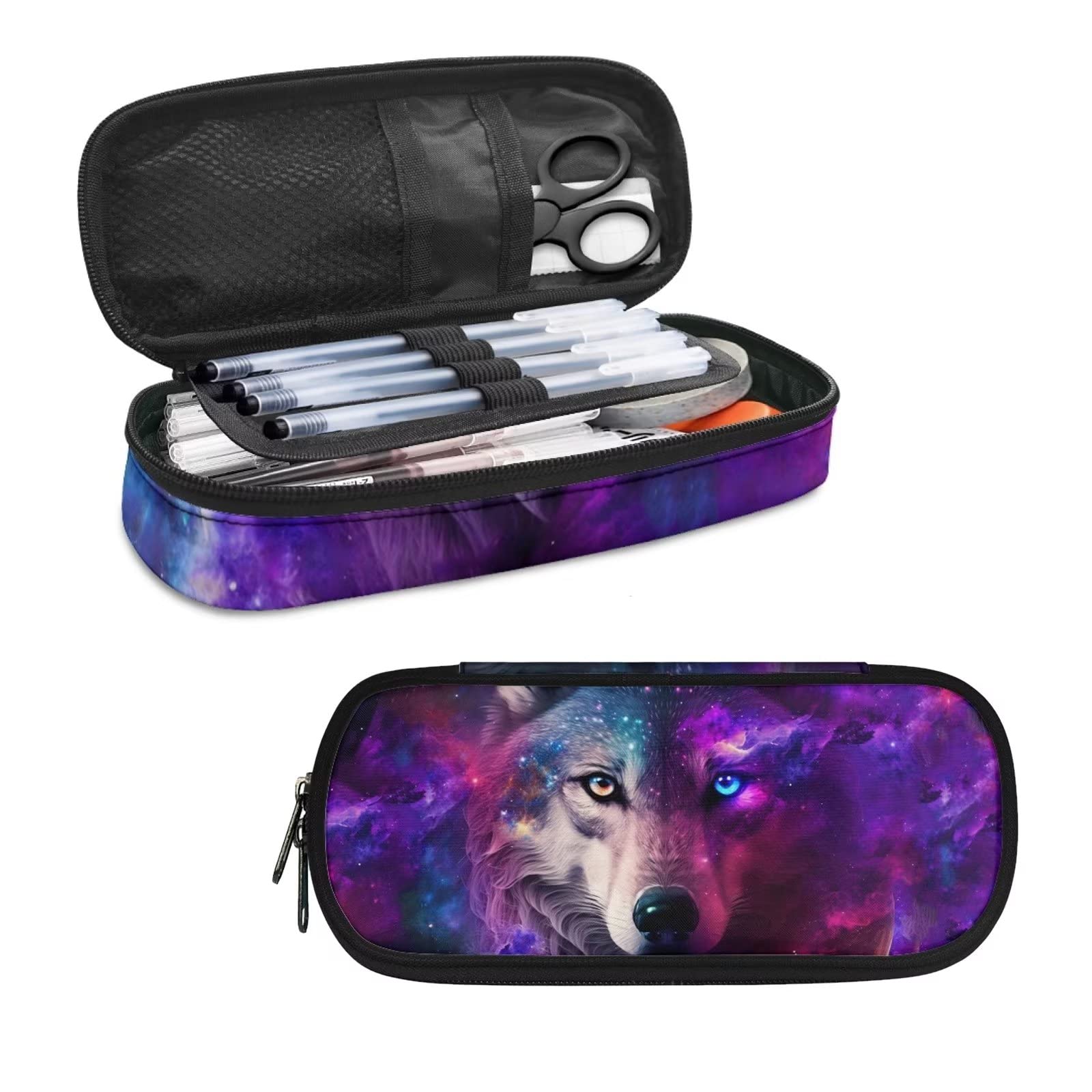 HELLHERO Galaxy Wolf Pencil Case Durable Pen Bag Pencil Holder Stationery Organzier Storage Pouch Box for Kids Girls Boys Teen Women Men School Office Gifts