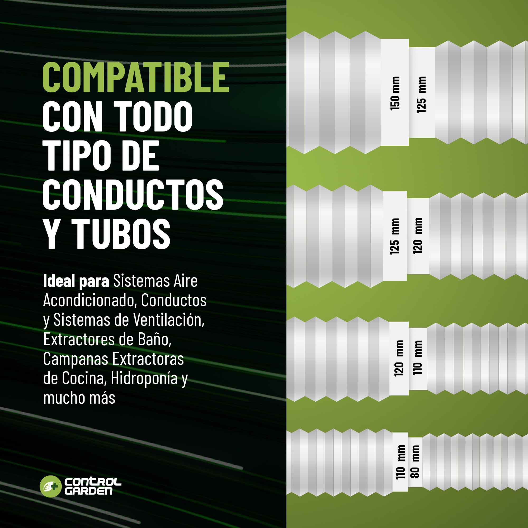 CONTROL GARDEN Pack x 2 Reductor Universal para Sistemas Ventilación Blanco - Acople Conector para Conductos Ventilación Diámetro Ø 80 100 120 125 150 mm - Reductor Tubo