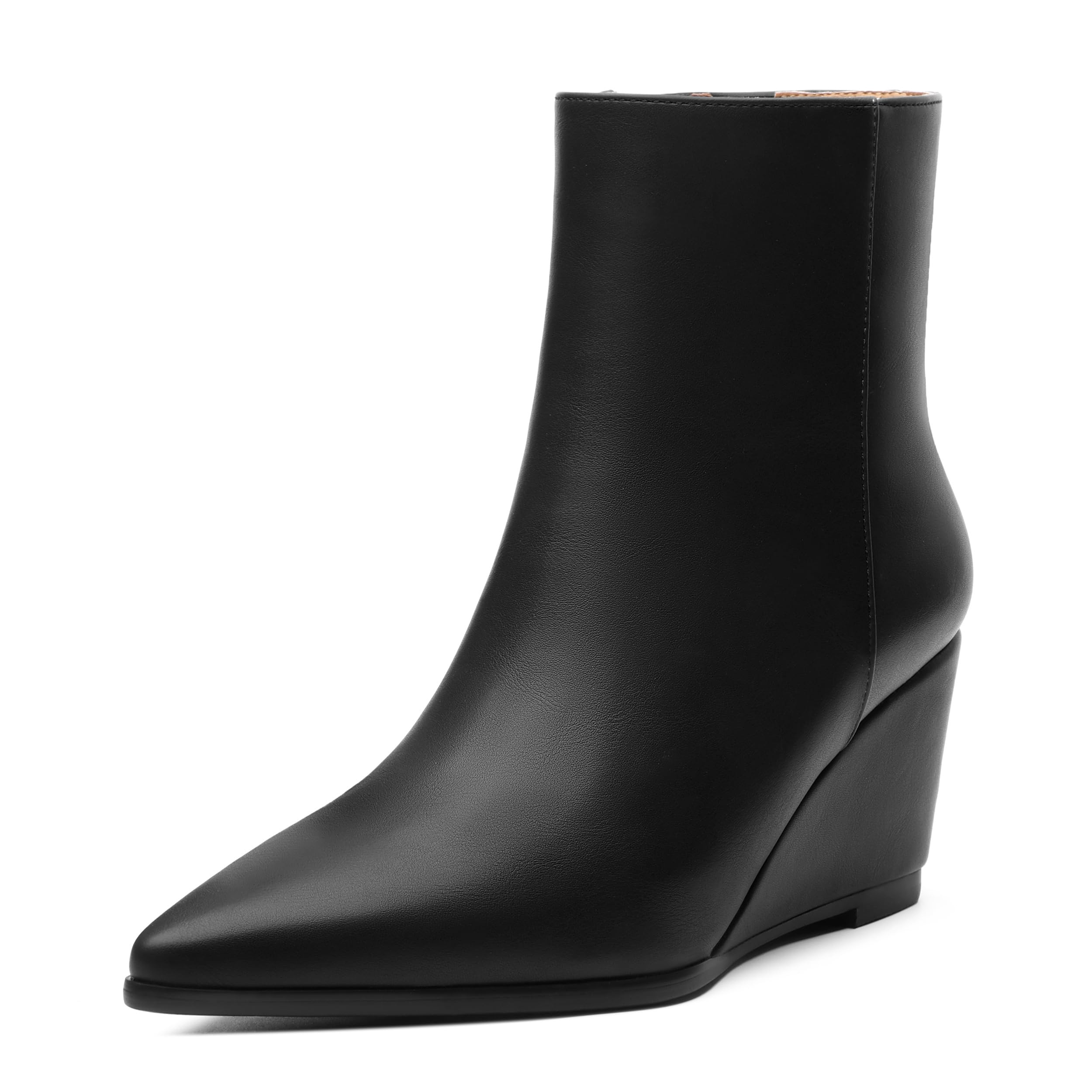 SHOWFOREST Womens Wedge Ankle Boots Pointed Toe High Heel Short Booties with Side Zipper Comfortable Casual Fall Winter