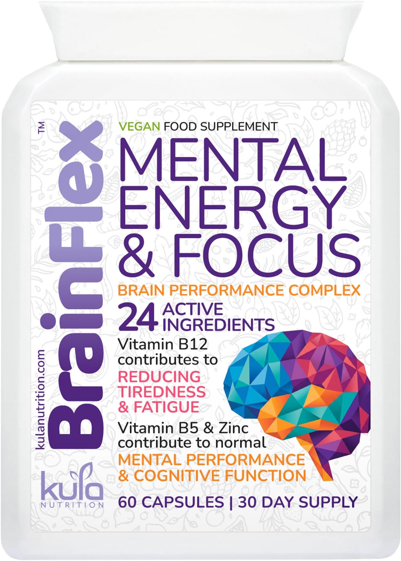 BrainFlex - Nootropic Brain Supplement for Focus and Energy - 24 Active Ingredients Ginseng, Ginkgo, L-Theanine, NAC, DHA Plus Vitamins B3, B5, B12 and Zinc for Mental Performance - 60 Vegan Capsules