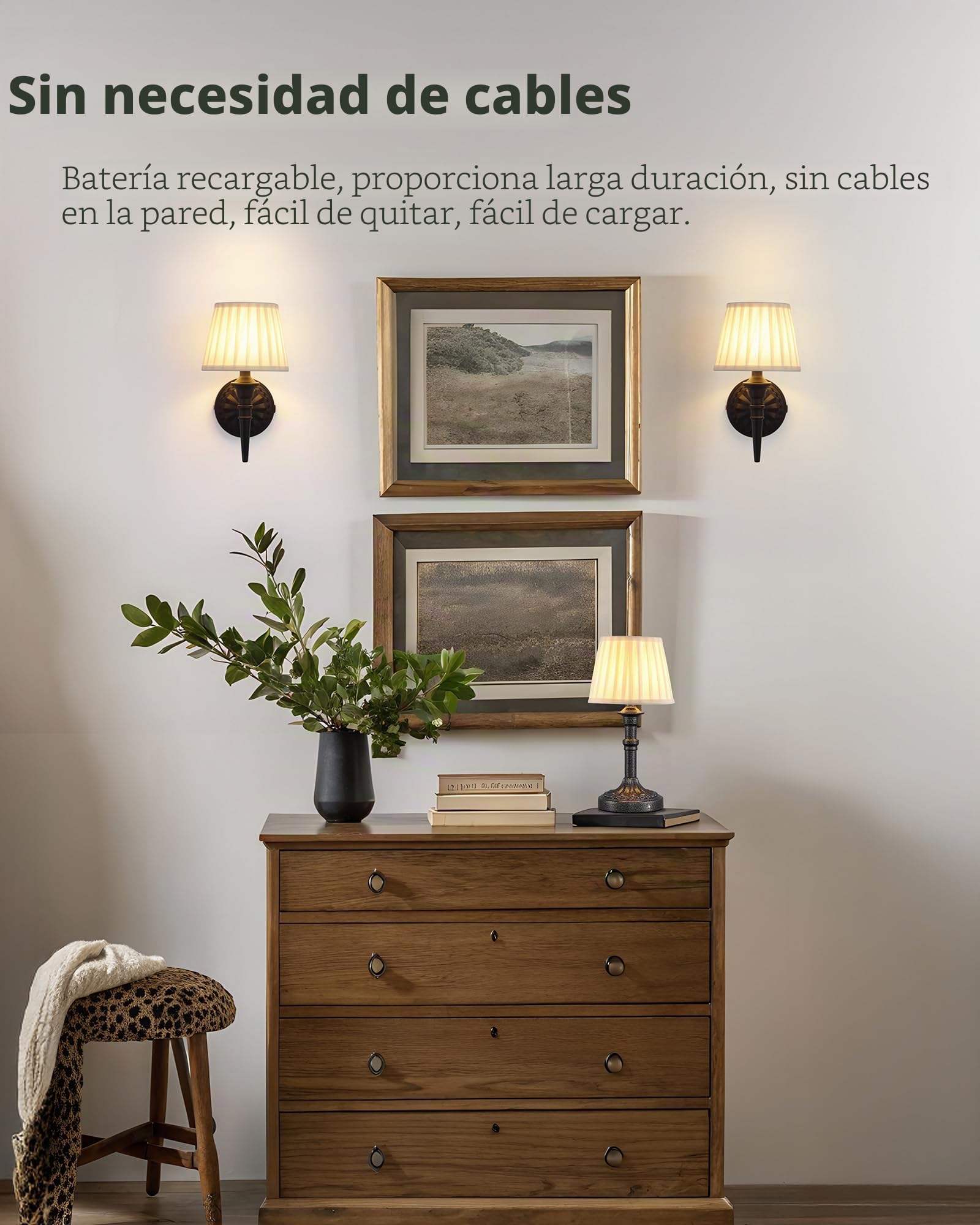 2 lámparas de pared recargables para interiores, 5200 mAh, recargable, con pantalla de tela, regulable, para pared, salón, dormitorio, pasillo