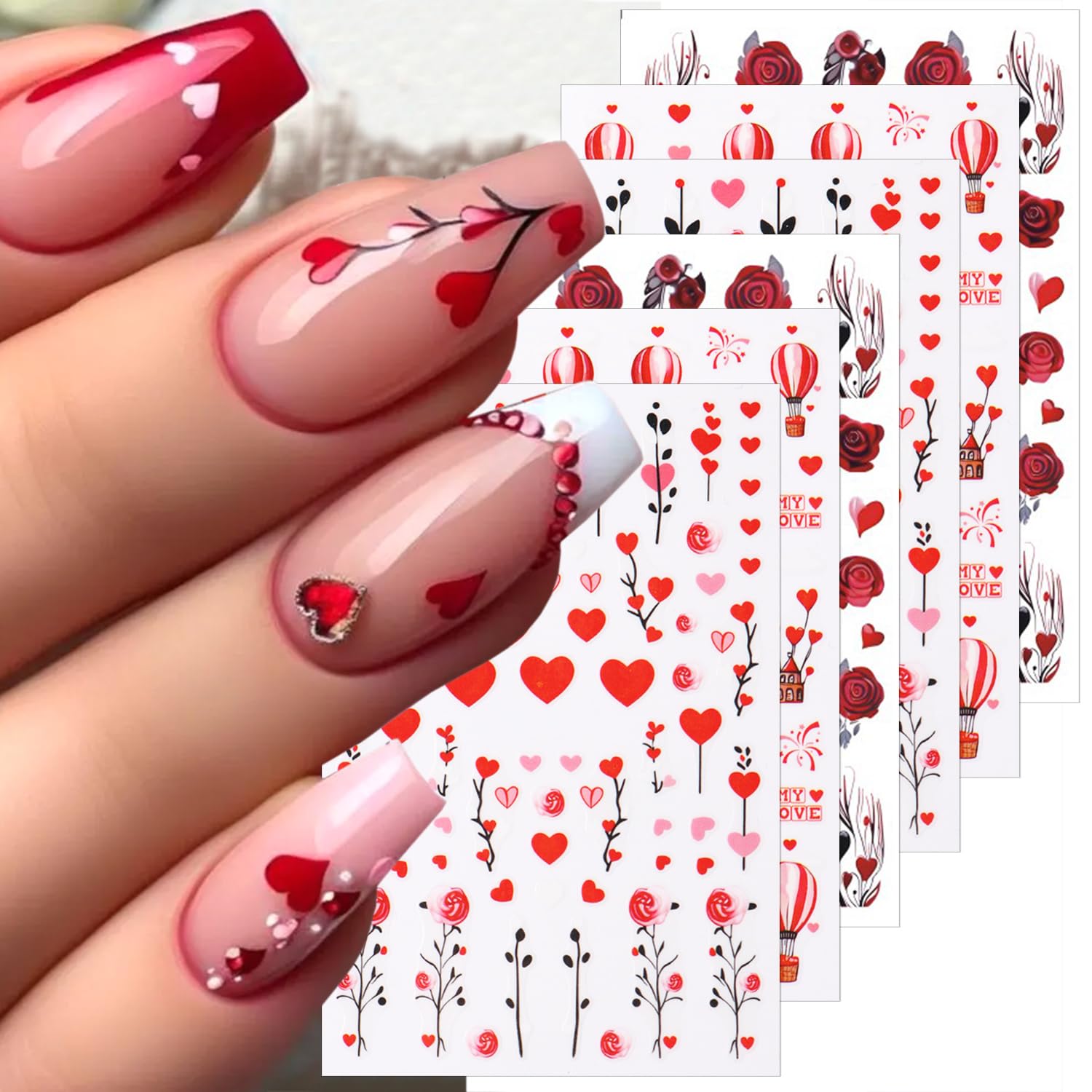 ZRETHFB 6 Sheets Valentines Nail Art Stickers - Romantic Rose Nail Stickers & Decals - Self-Adhesive - 3D - Valentines Day Nail Art Decals - Hearts &