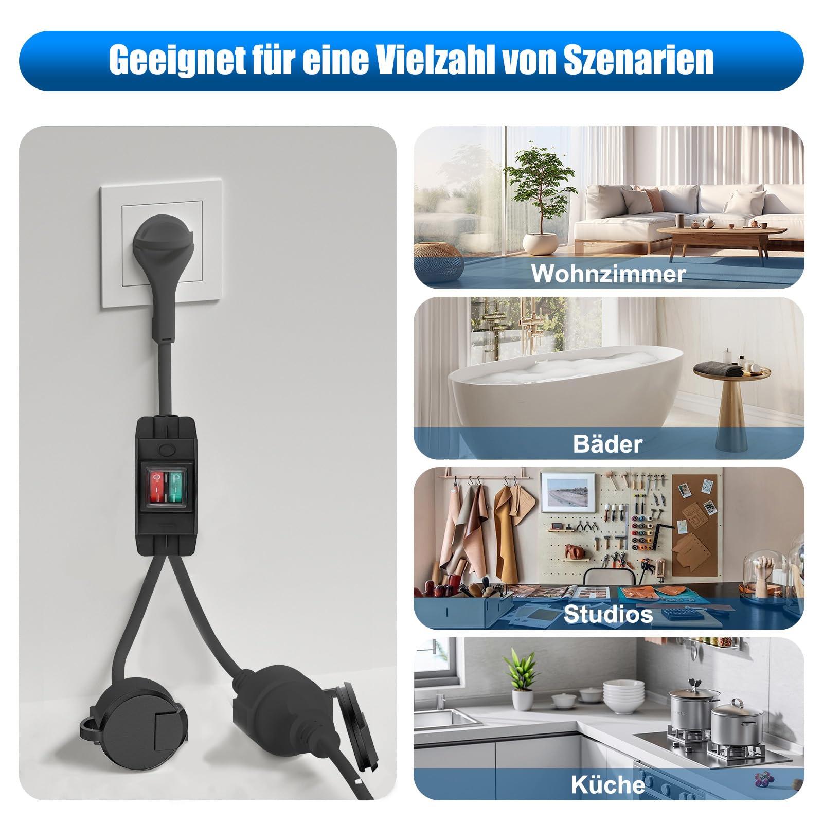 AOUOO 3-voudige Schuko Y-verdeler - Met Platte Stekker & 1,5mm² Kabel - 16A/250V - Met Kinderbeveiliging