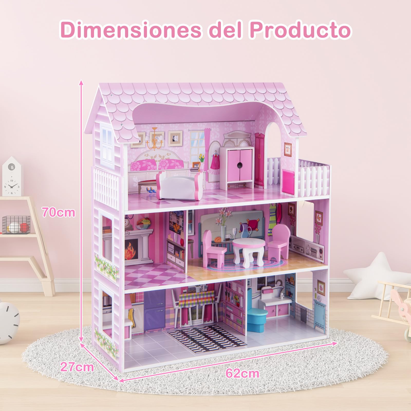 COSTWAY Casa de Muñecas de Madera, Casa Muñecas de 3 Niveles con Accesorios para Niños y Niñas Más de 3 Años, Juego de Roles Infantil, Casita de Muñecas de Ensueño, 61 x 26,5 x 71 cm, Rosa