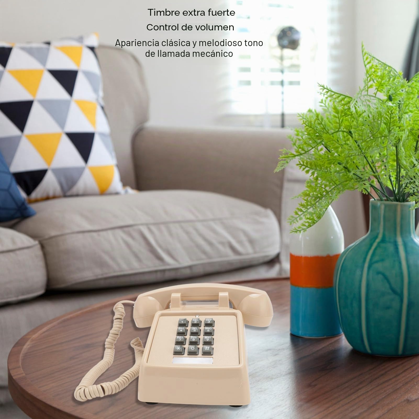 Teléfono con Cable Vintage, Teléfono Fijo Clásico Antiguo con Timbre Mecánico, Volumen Ajustable, Botón Grande, Teléfono de Escritorio Retro para el Hogar, Oficina, Escuela (Beige)