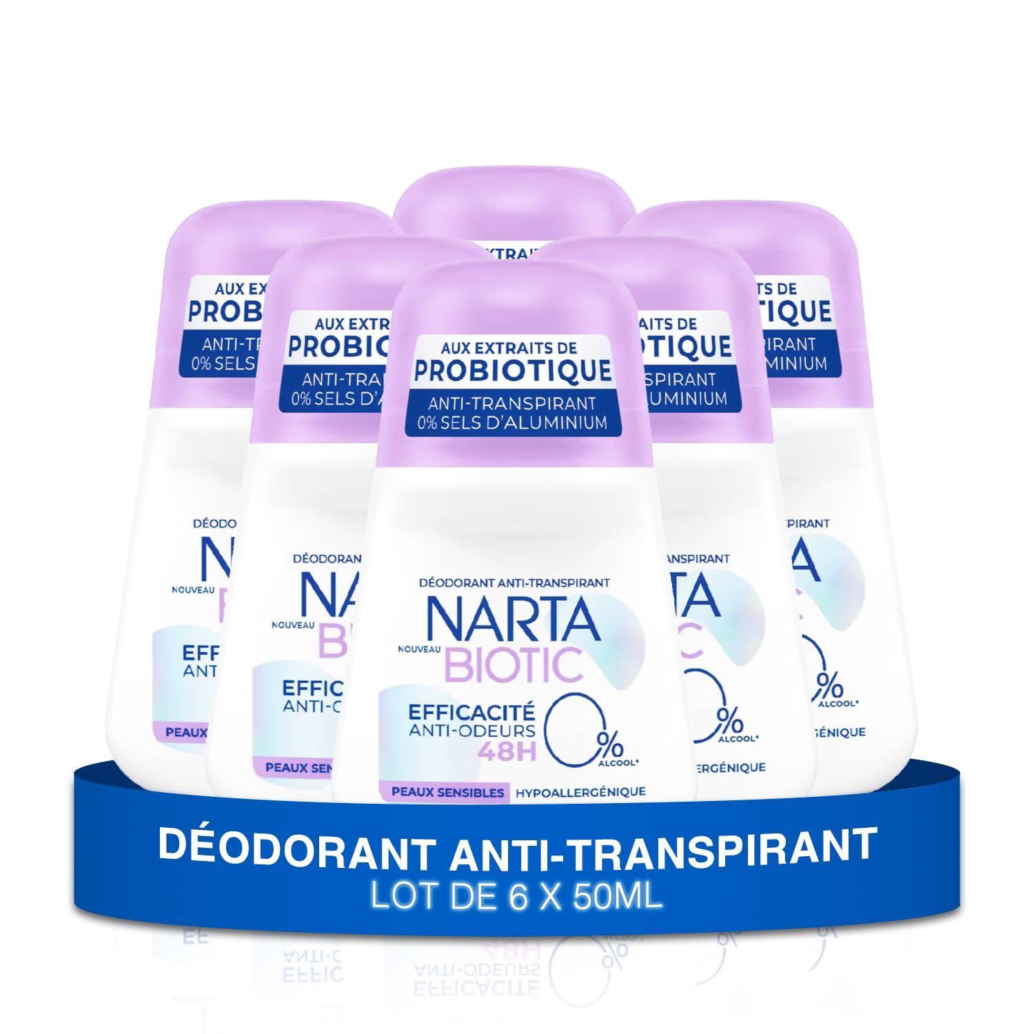 Narta Desodorante para mujer, esférico, antisudor, biótico, antiolor, 48 horas, hipoalergénico, sin alcohol, 6 x 50 ml