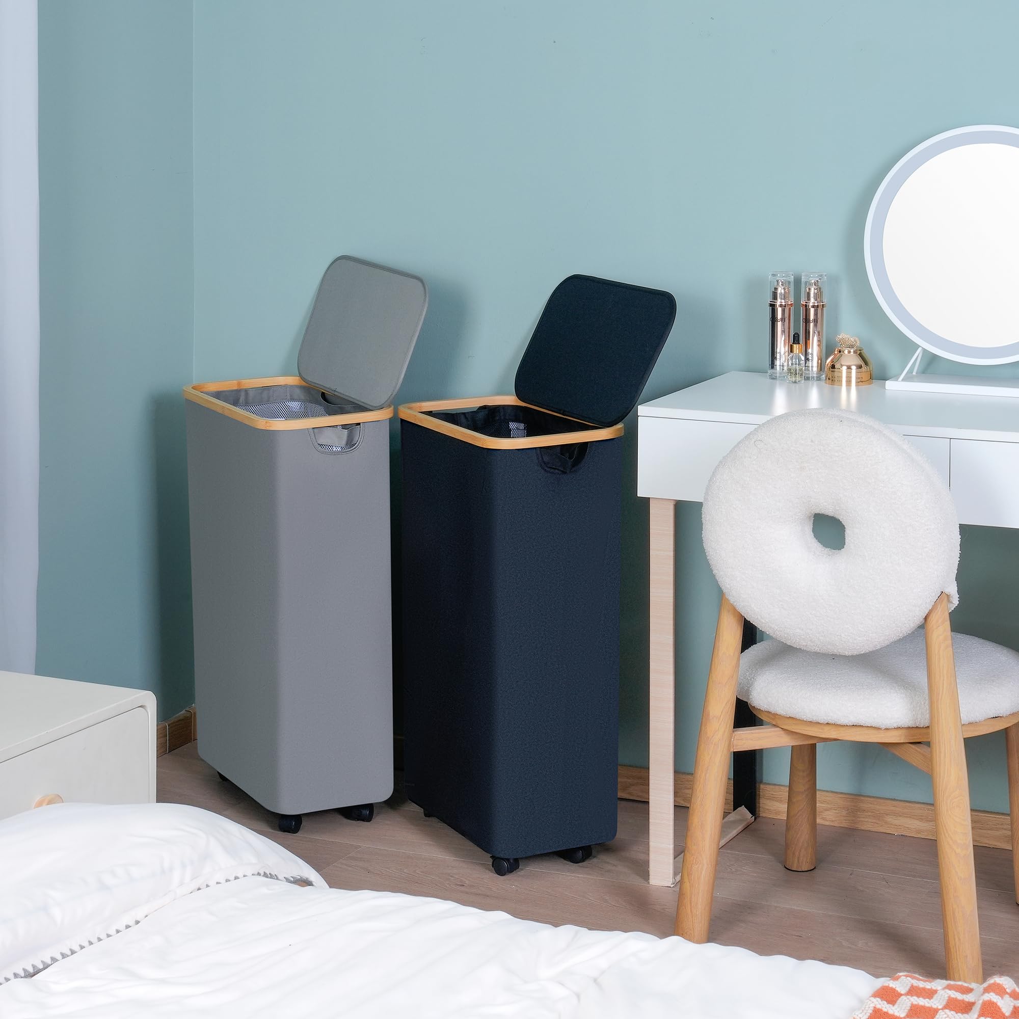 efluky Cesto de Ropa Sucia con Ruedas, Cesto de Ropa Sucia Plegable de 75L con Tapa, Cesta de Ropa Sucia Plegable con Asas de Bambú y Bolsa Extraíble para Dormitorio, Baño, Lavadero