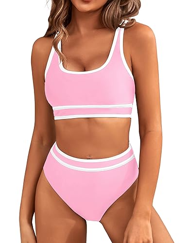 Cheeky High Cut Bathing Suits - Color Block - Small - Pink011
