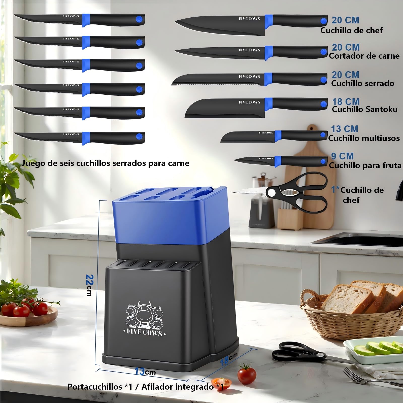 Juego de Cuchillos de Cocina, 14 Piezas, Bloque de cuchillos auto-afilables, con Cuchillos de pan y Tijeras, Mangos Ergonómicos Antideslizantes Para Chef y Uso Doméstico (Azul)