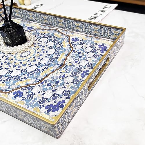 Miniatura 5 de Bandeja decorativa bohemia, moderna bandeja azul para servir con asas, juego de 2 bandejas otomanas, bandeja de plástico para mesa auxiliar para