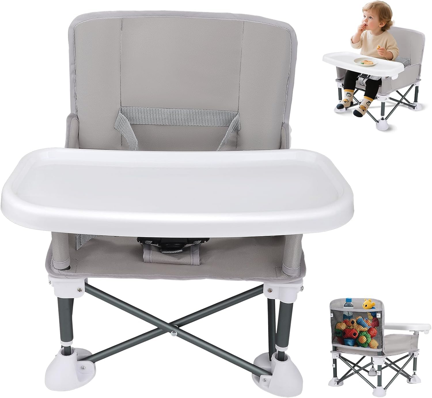 Trehive Foldable Baby Booster Seat with Feeding Tray | Portable Travel High Chair for Toddlers | Lightweight & Compact with Safety Belt and Carry Bag | Easy to Clean Dining Chair – Grey-image-48