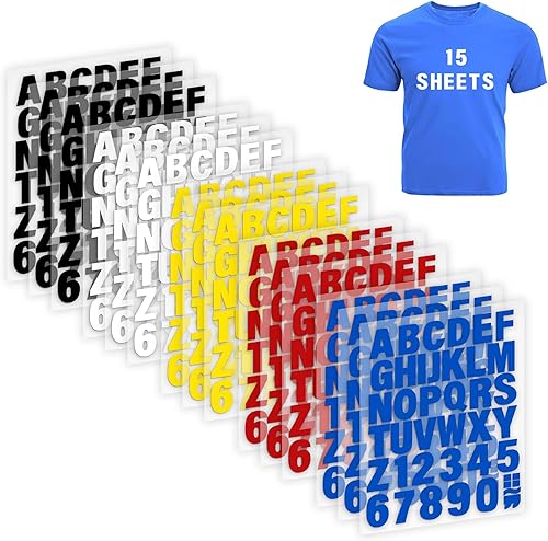 Letras y números para planchar de 2 pulgadas para ropa, 15 hojas, 645 piezas de letras de vinilo de transferencia de calor con letras A-Z y 0-9 para