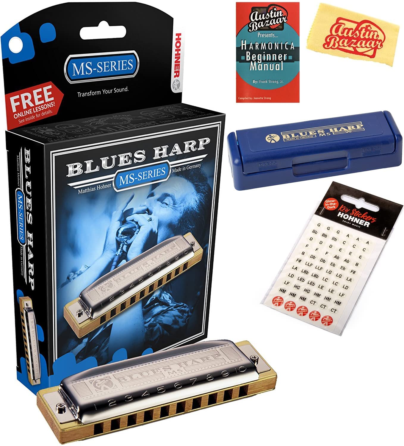 Hohner 532 Blues Harp MS Harmonica Bundle with Carrying Case, Key