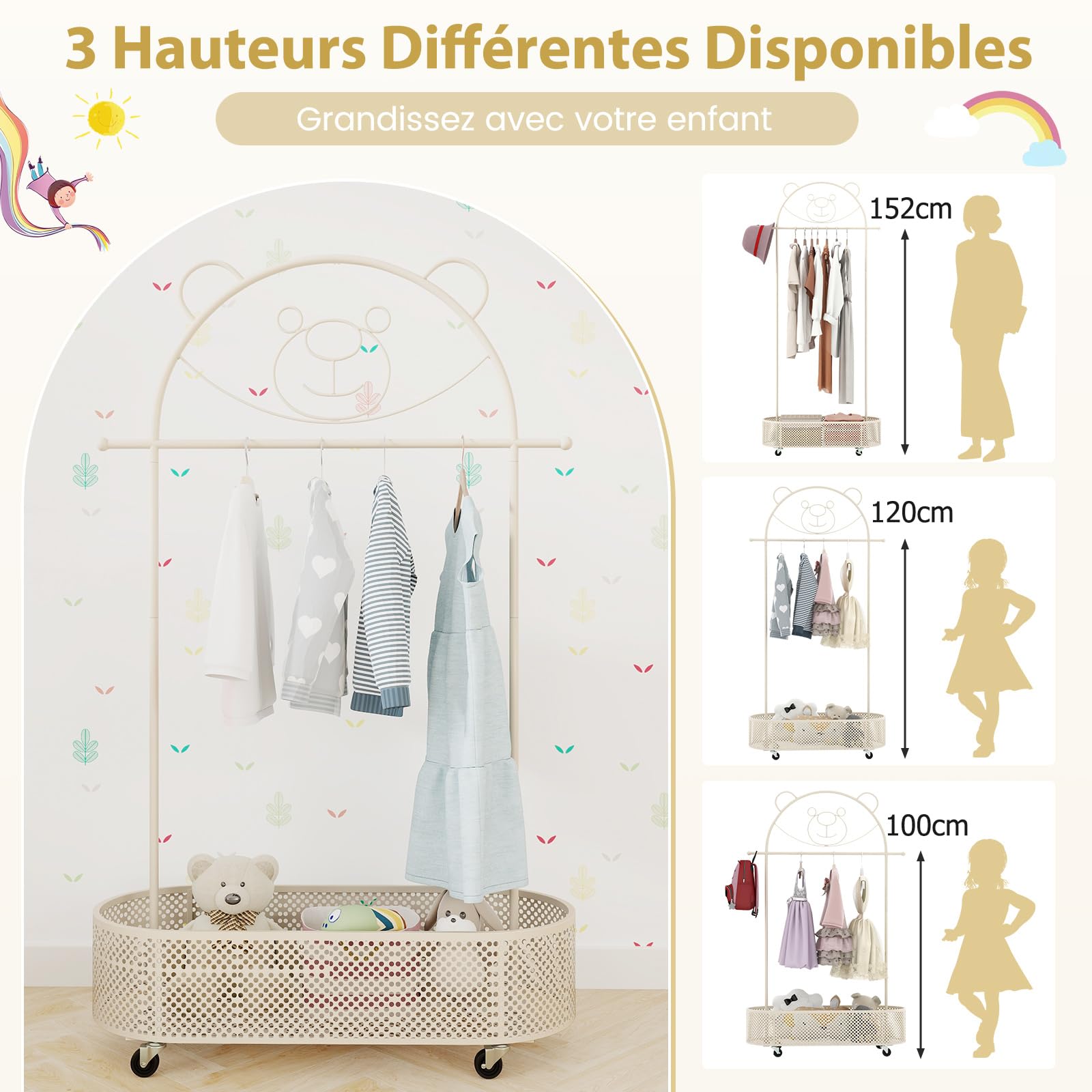 COSTWAY Portant à Vêtements Enfant en Forme d'ours avec 3 Hauteurs Réglables, Garde-Robe Enfant en Métal avec Panier Inférieur, Porte-vêtements sur roulettes pour Chambre d'enfant, Charge 50kg