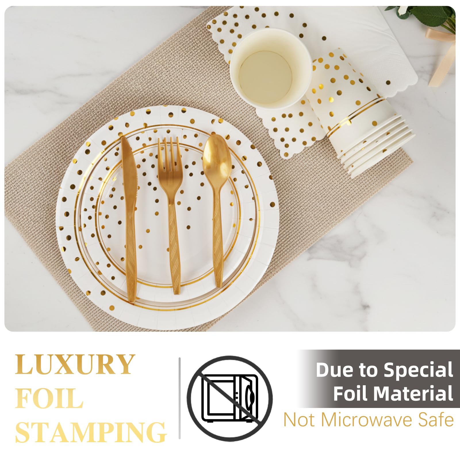 168 Pcs White & Gold Party Plates & Napkins -5