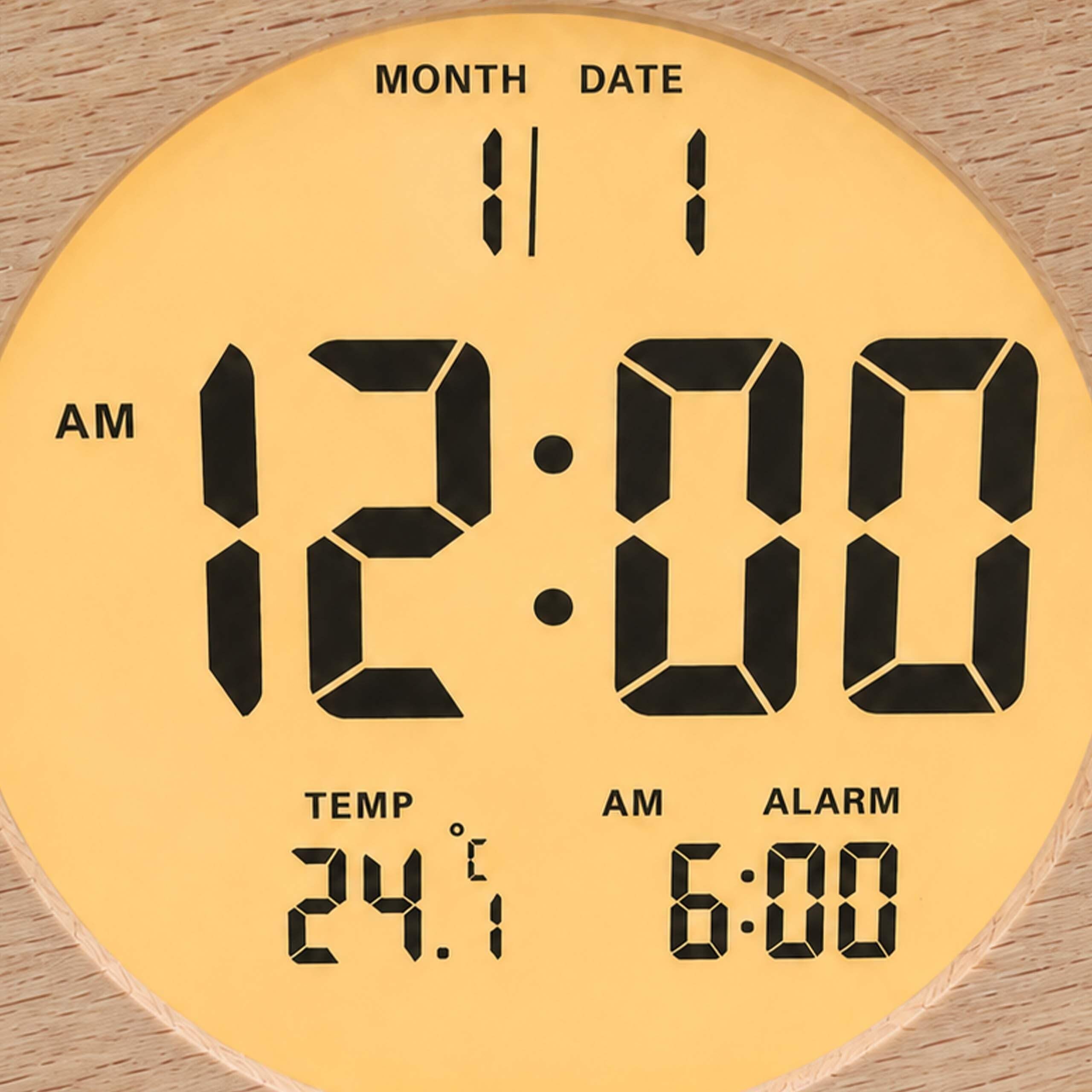 Relaxdays Despertador Digital de Madera con indicador de Fecha y Temperatura, función de repetición, luz, Reloj Despertador Digital Redondo, Color Natural