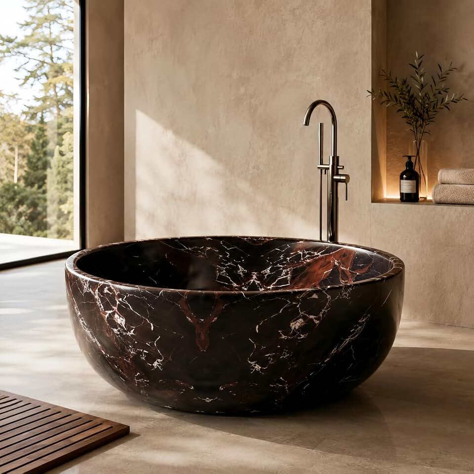 59" Edeyeu Freestanding Bathtub - Round Marble Solid Surface Bathtub, Deep Soaking Tub with Thickened Stone Resin Build for Resort Bathrooms, Villas and Hotels, Red Brown