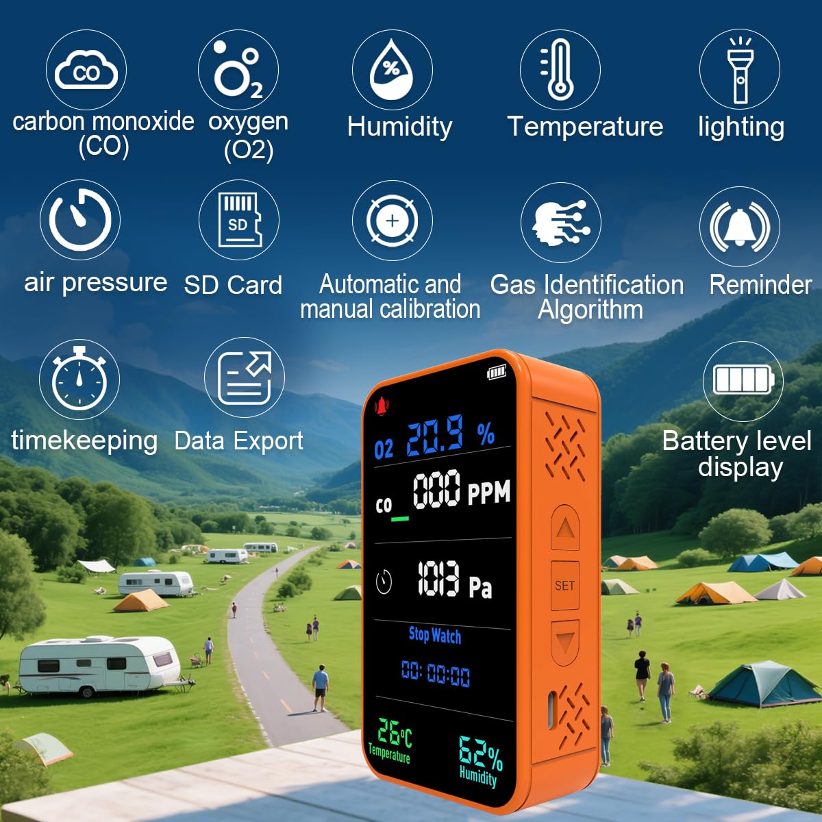 7-in-1 Portable Oxygen Detector for Indoor and Outdoor,288H Standby,O2 Detector with O2,Temperature,Humidity,Illumination,Room Oxygen Monitor for Car,RV,Camping,Travel (Orange)