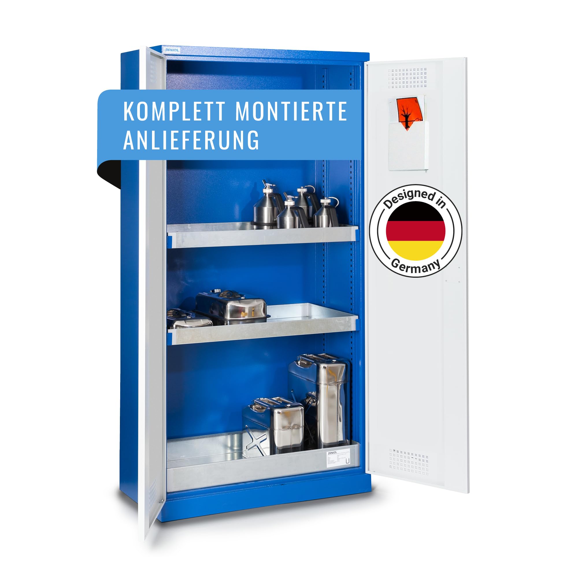 DENIOS Chemikalienschrank Protect CS 104, mit Flügeltüren, incl. Bodenwanne und 3 Auffangwannen