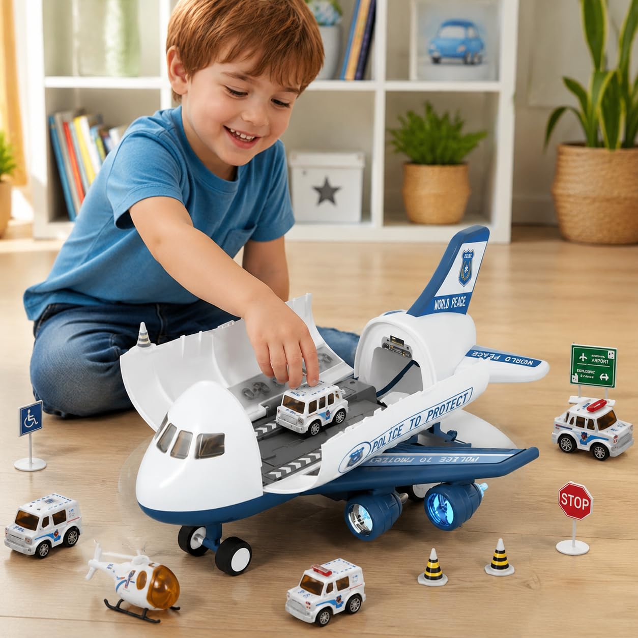 Avión jugue Grande, Recargable, con 4 coch de aleación y señal, Regalo para niños 4+ años, Avión de policía con 4 Coches
