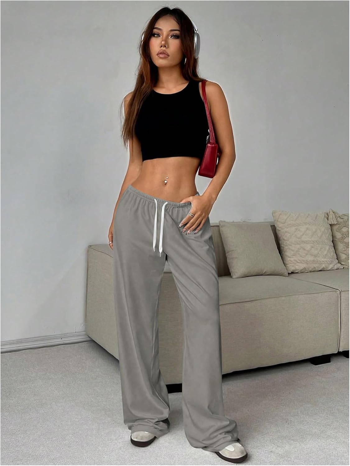 RoseSeek Women's Drawstring Waist Straight Streetwear Long Wide Leg Pants Casual Loose Baggy Workout Long Fall Sweatpants