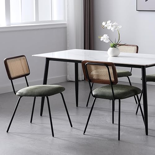 Miniatura 7 de Juego de 2 sillas de comedor de ratán, sillas modernas de mediados de siglo con respaldo de bastón, sillas de cocina de cuero tapizadas sin brazos