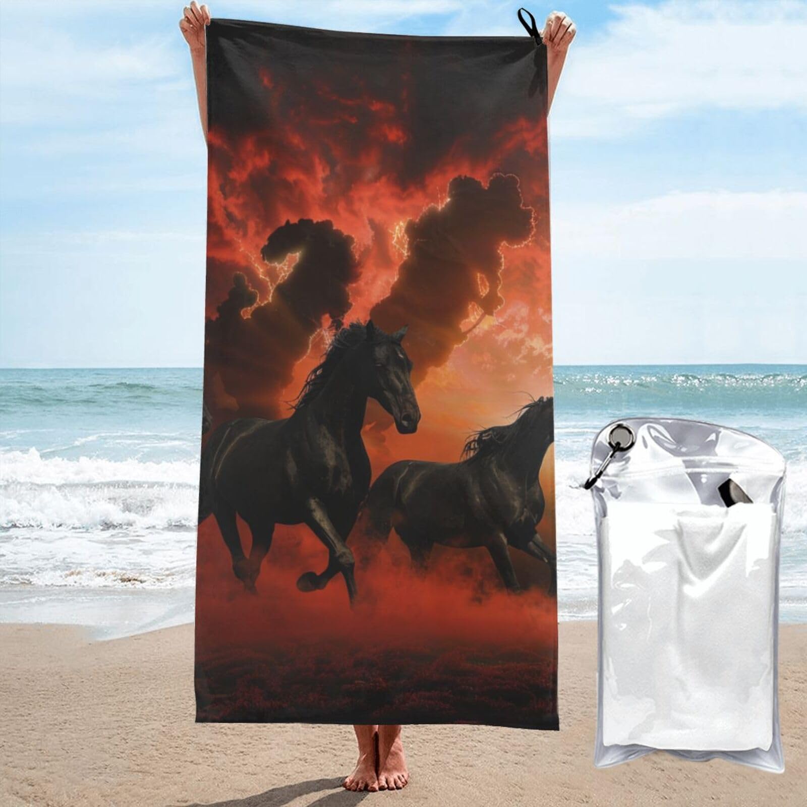 BWWHCCTI Black Horses Red Glowing Clouds Printed Microfiber Quick Dry Beach Towel 70x140 CM, Fast Drying Bath Towels with Bags for Travel,Camping,Gym,Beach,Swimming,Yoga