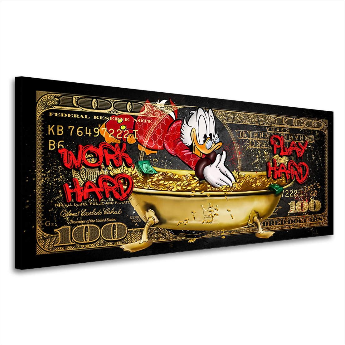 Kunstgestalten24 Dagobert Dollar Work Hard Bild Pop Art Style Leinwandbild | Kunstdruck | Wanddeko | Street Art | Gemälde | Comic Bilder | Wandbild Leinwand Modern 100x40x4cm