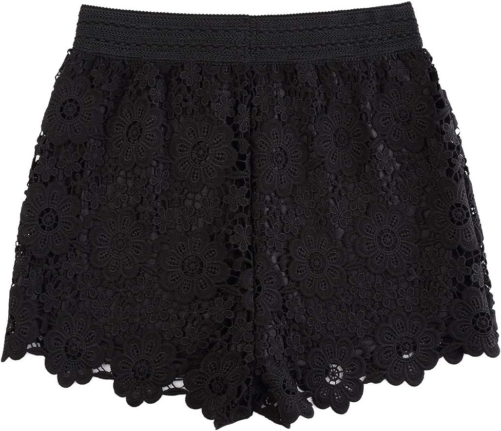Women's Sexy Short Inseam Elastic High Waisted Summer Beach Crochet Lace Shorts