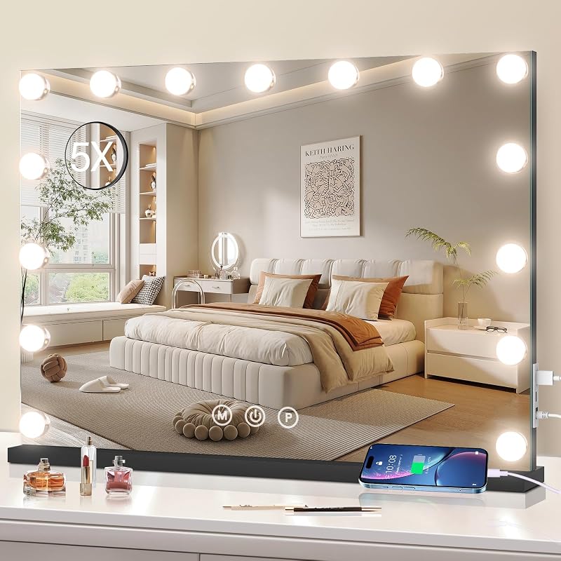 Espelho para maquiagem halumao com luzes LED, 58 x 48 cm, 3 cores ajustáveis, toque inteligente, preto
