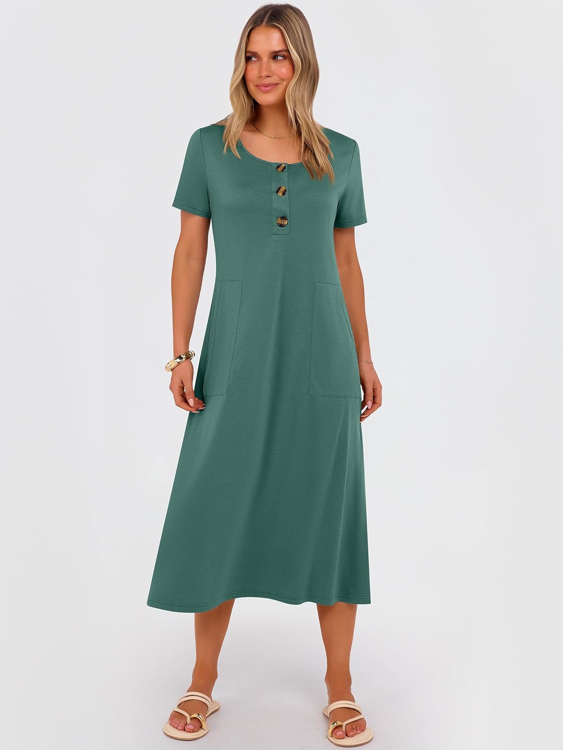 ANRABESS Women's Summer Midi Dress Short Sleeve Button Up Crewneck Casual 2026 Beach Vacation Loose Dresses with Pockets - Image 4