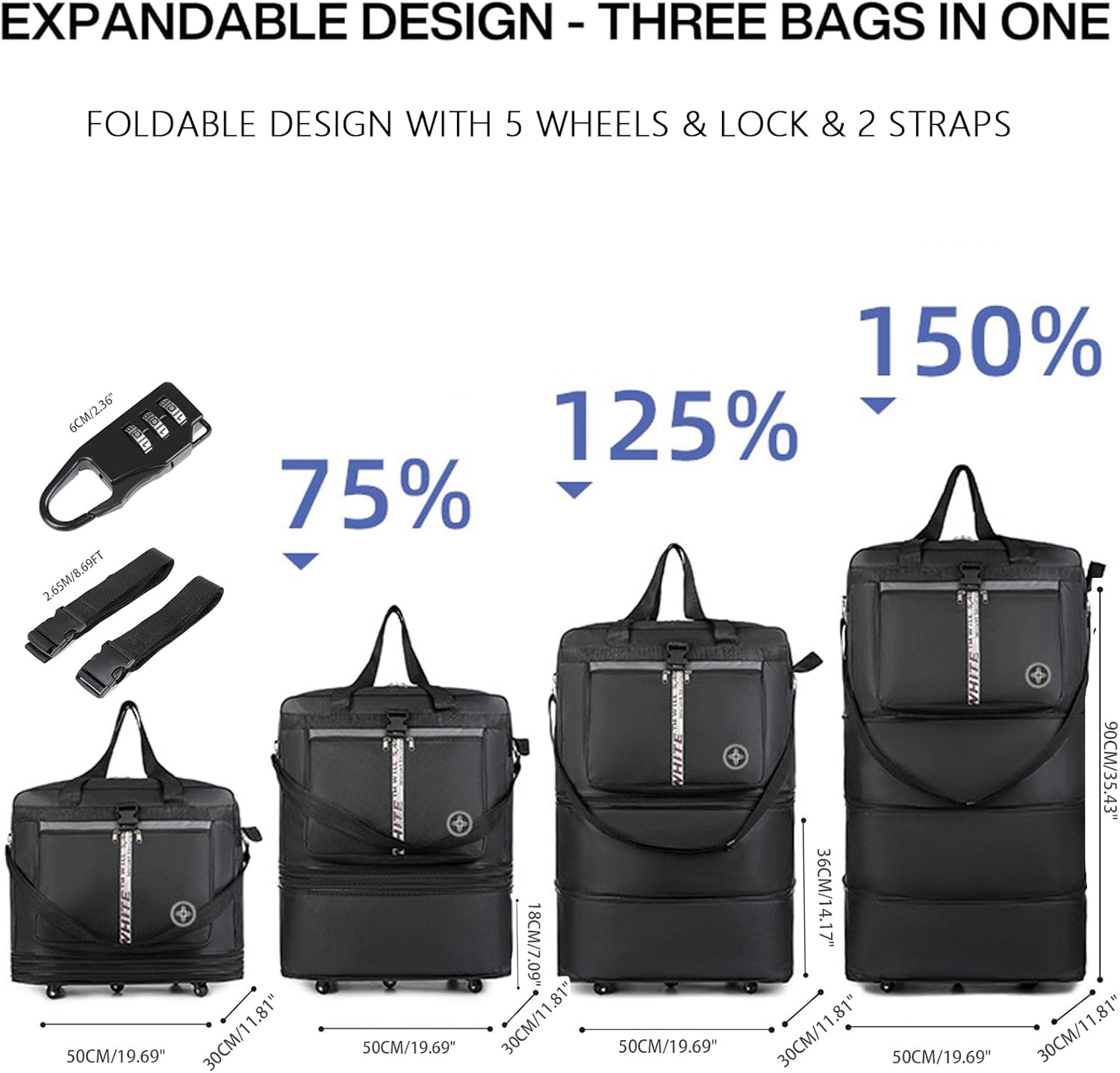 Expandable Travel Duffel Bag with Wheels, 42 Inch Large Collapsible Luggage, 5pcs 360° Spinner Wheels, Waterproof Oxford Cloth, Foldable Suitcase with Shoulder Strap for Men & Women, Gray