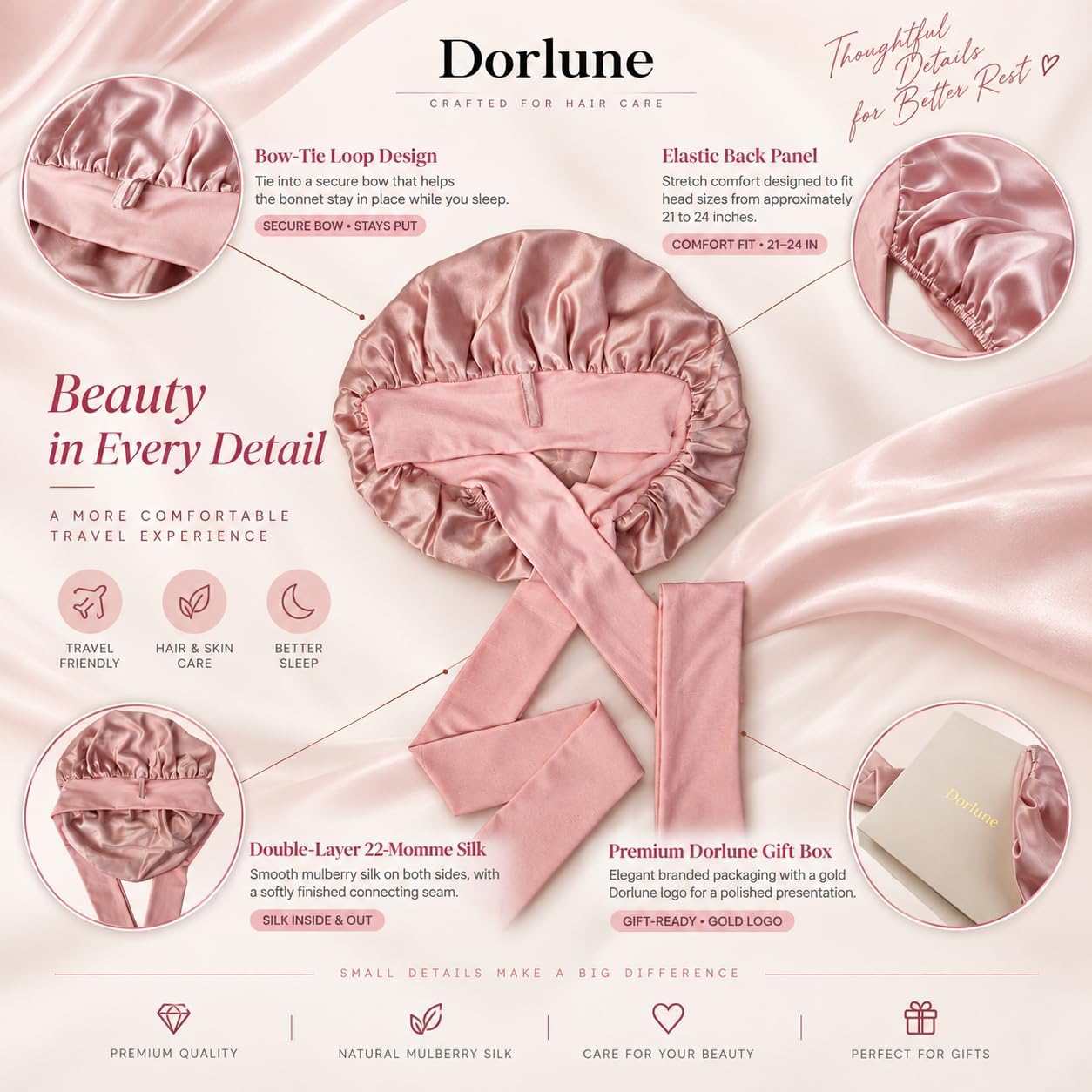 22 Momme Double-Layer Mulberry Silk Bonnet for Sleeping, Adjustable Tie Band, Pink, One Size