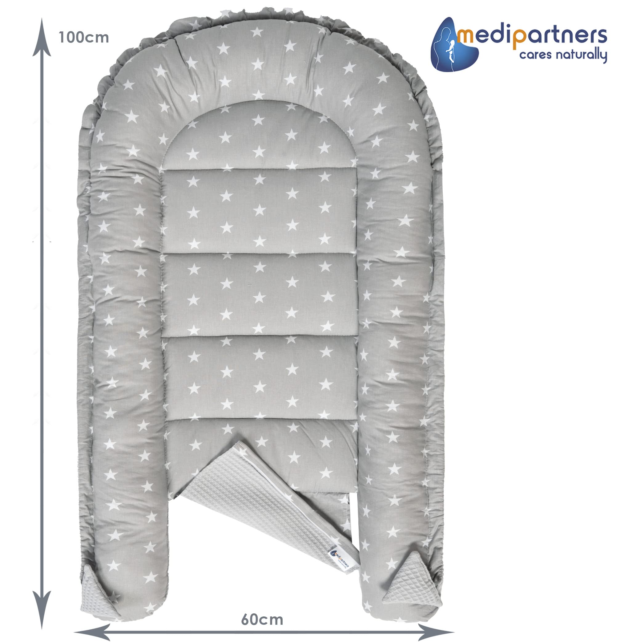 Medi Partners Nido per Neonato 100x60x15cm Baby Nest 100% Cotone Waffle Lettino da viaggio per bambini Multifunzionale Chiusura sicura (Stelle con Waffle grigio)
