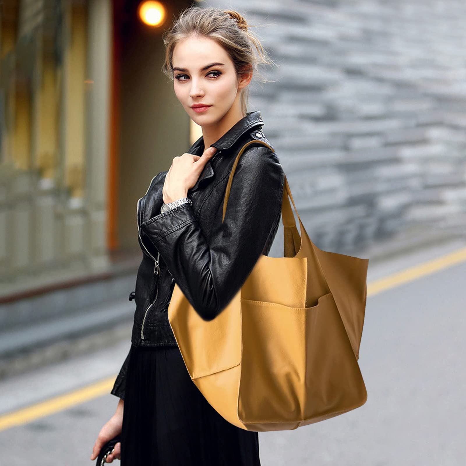 NICOLE & DORIS Frauen Tasche Groß Schultertasche Shopper Weiche Ledertasche Leichte Tote Tasche Hobo Handtasche Gross Umhängetasche Faltbare Tragetasche Gelb