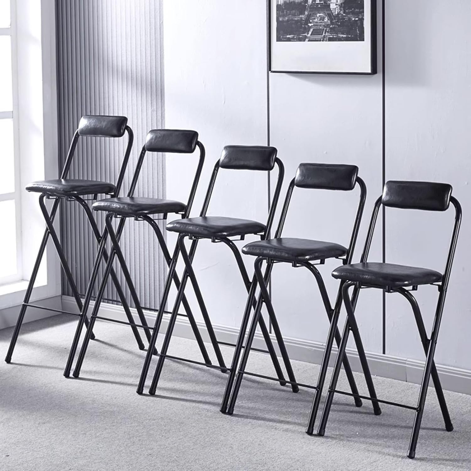 Folding Stool with Backrest and Footrest, 24″/26″/28″/30″ PU Padded Height Foldable Stool, Kitchen Breakfast High Chair, Portable Tall (Color : Black, Size 75cm/30in) (Black 70cm/