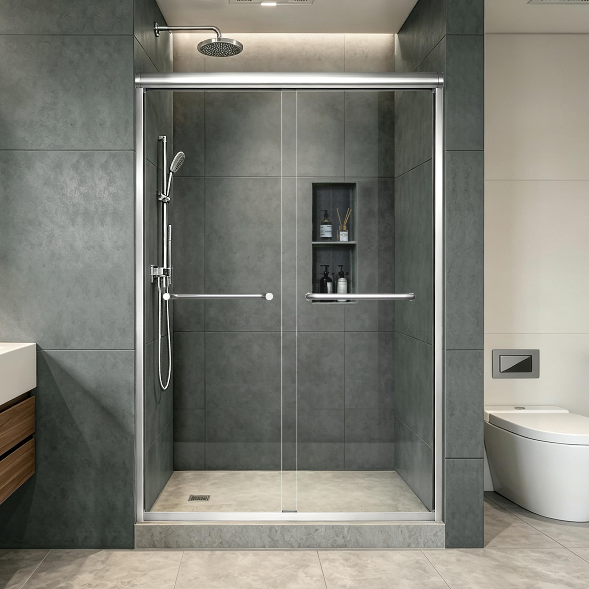 Double Sliding Shower Door 43-43-48" W x 70" H, Chrome Finish, Bypass Shower Door, Clear Glass, Framed, 1/4" (6mm) Tempered Glass