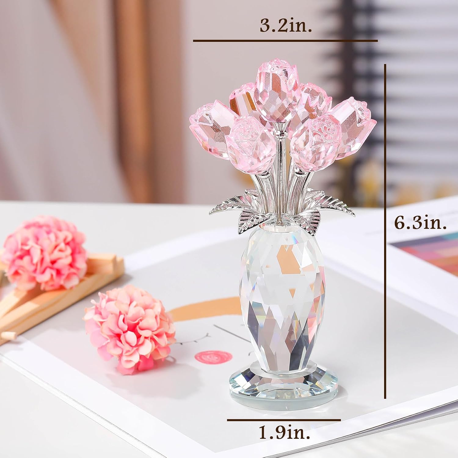 Movdyka Glass Rose Flower Pink Bouquet Crystal Figurines Home Decor | Romantic Gifts for Mom Wife Collectible Blown Glass Figurines Desk Ornaments Wedding Mothers Day Decor