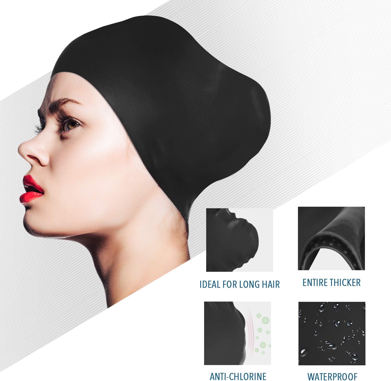 Womens Silicone Swim Cap for Long Hair,3D Ergonomic Design Silicone Swimming Caps for Women Kids Men Adults Boys Girls with Ear Plug and Nose Clip (Black): Sports & Outdoors