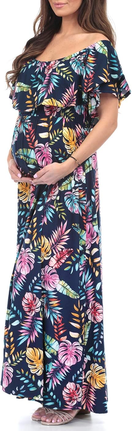 Mother Bee Maternity Open Shoulder Maternity Dress with Ruffles at  Women’s Clothing store