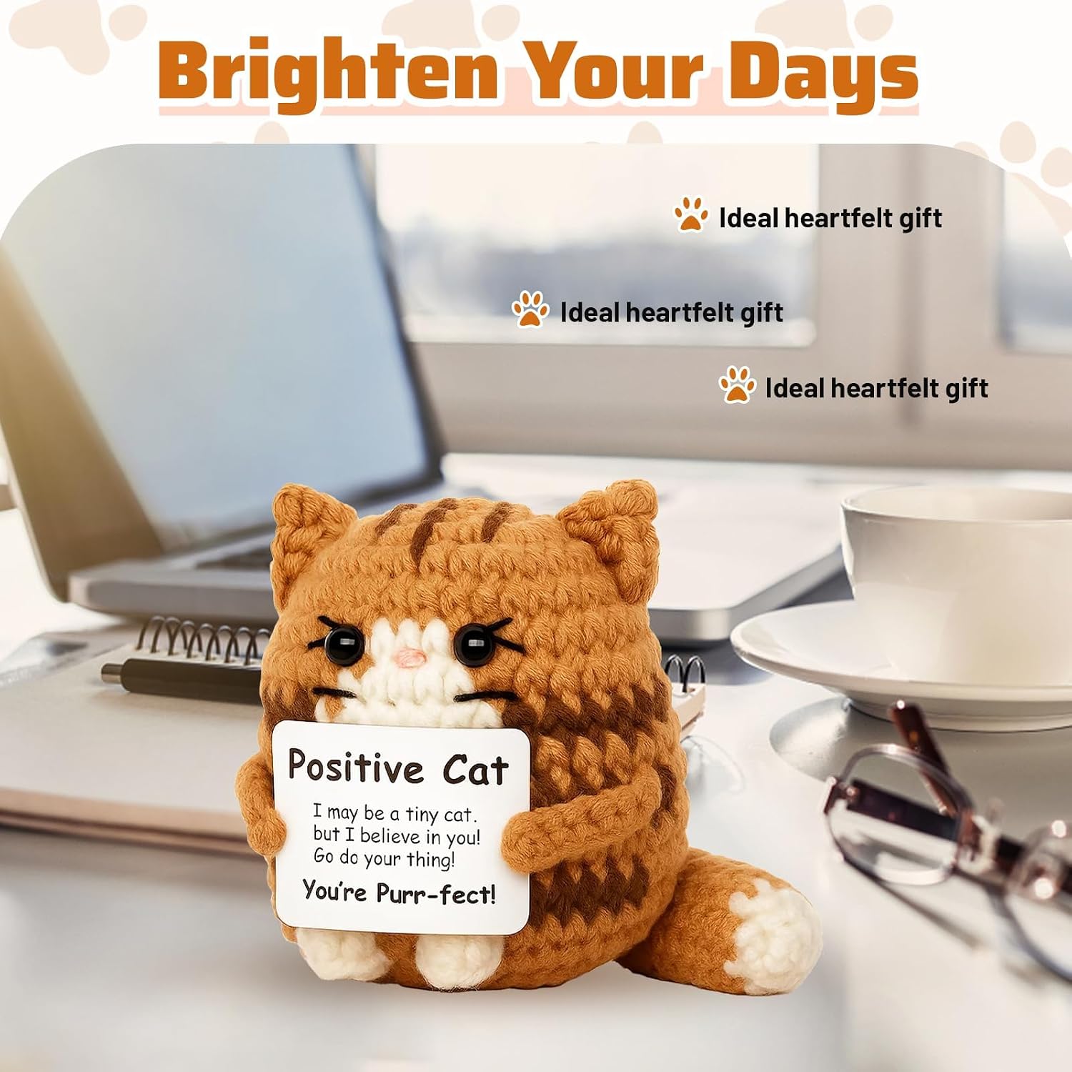 Positive Crochet Animals, 7.5 * 6 Cm Emotional Support Crochet Cat, Positive Cat Crochet Animals Handmade Brown Cat for Stress Relief, Desk Decoration, Gift for Special Occasions