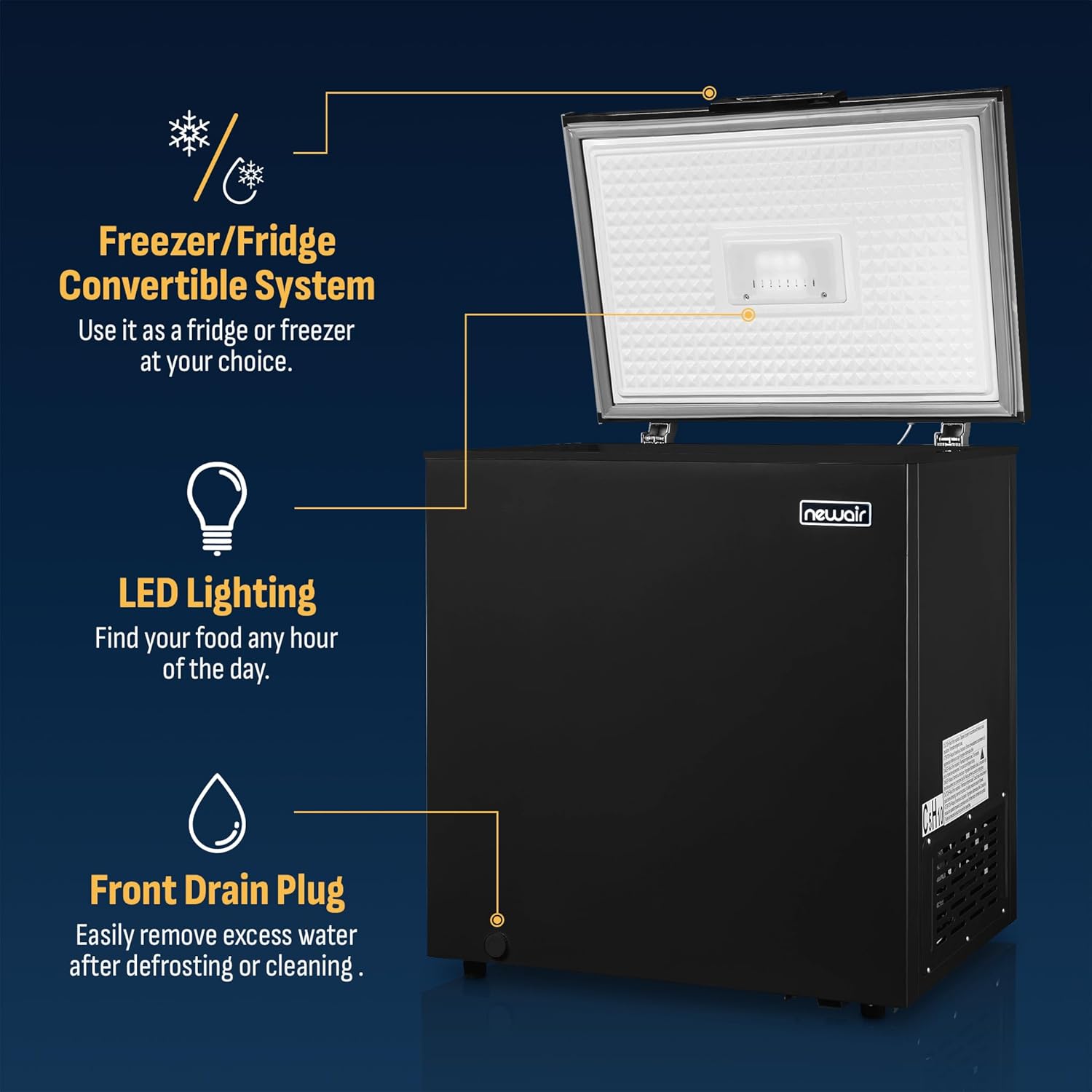 Newair Mini Deep Freezer Chest | 5 Cu. Ft., Garage-Ready Chest Freezer with Digital Temperature Control, Fast Freeze Mode and LED Light, Black | Black