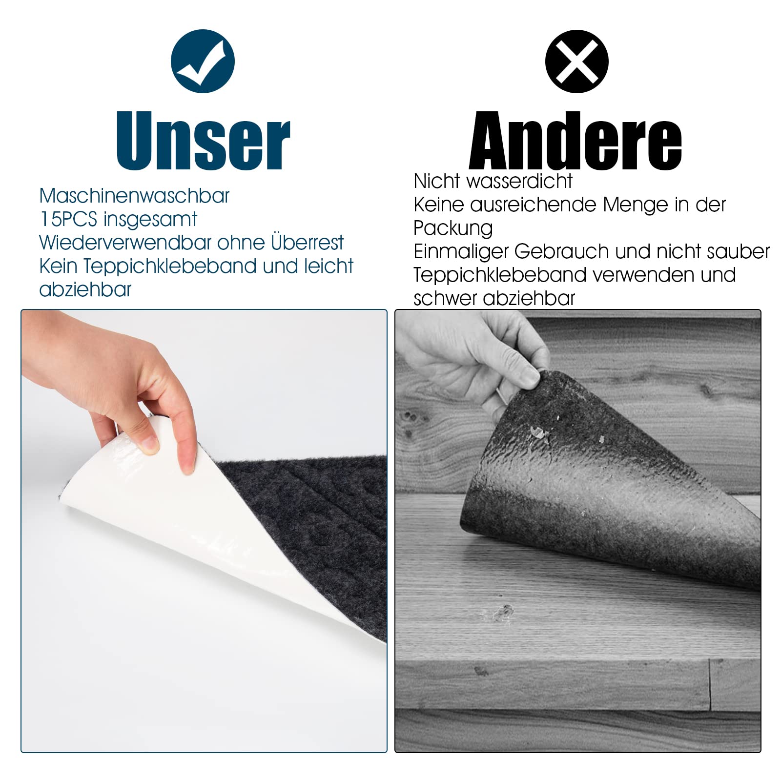 COSTWAY 15er Set Stufenmatten für Treppen, 76x20cm, rutschfeste Selbstklebende Treppenteppiche, Treppenmatten für Holzstufen, wasserdichte Stufenteppiche für Kinder & Älteste & Haustiere (Grau)